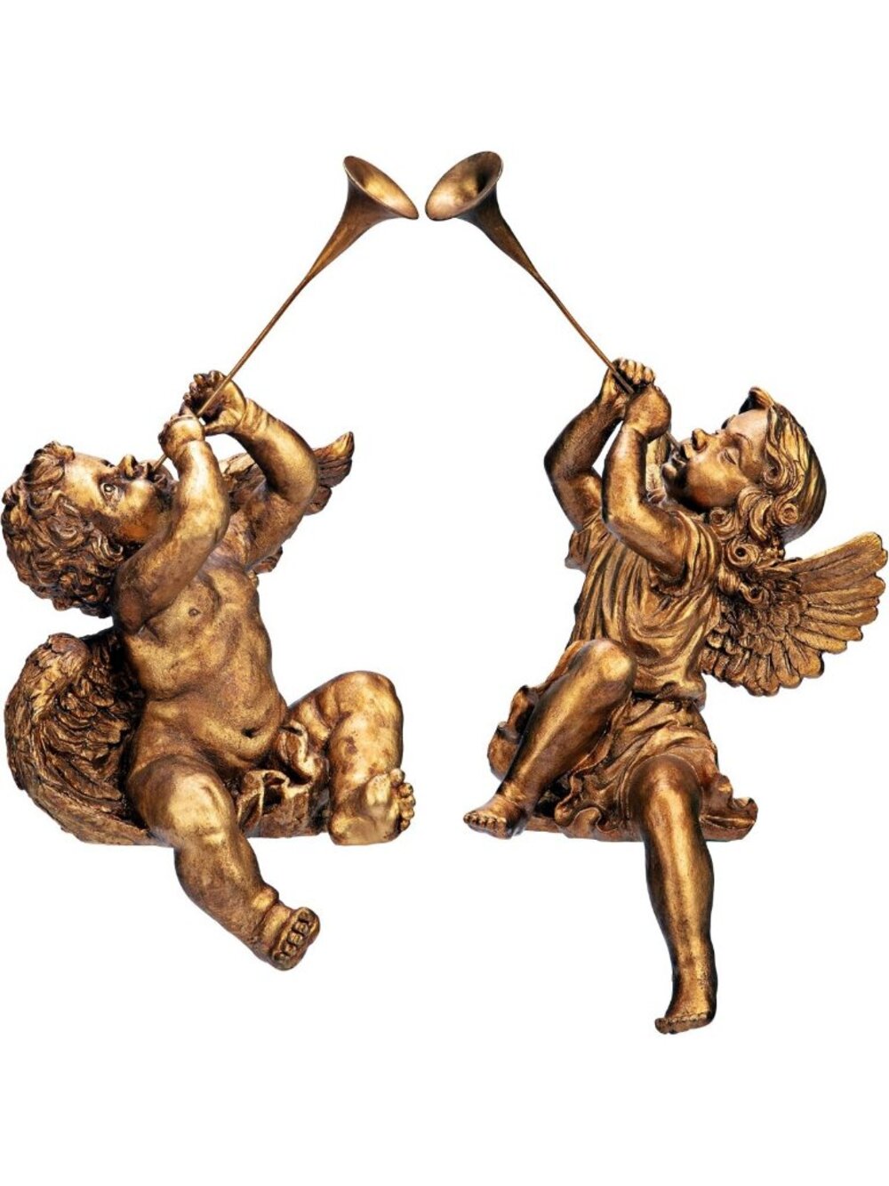 Set of 2 Trumpeting Angel Statues - Holiday Decor, Handcast Polyresin, Antique